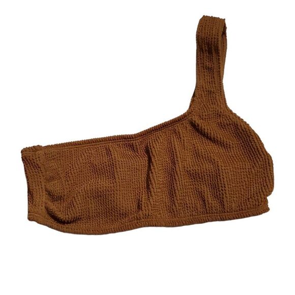 Good American Crinkle One Shoulder Bikini Swim Top Always Fits Brown Size 1/2 - Picture 2 of 8